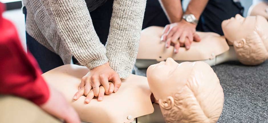 Hands performing cpr on class dummies photo